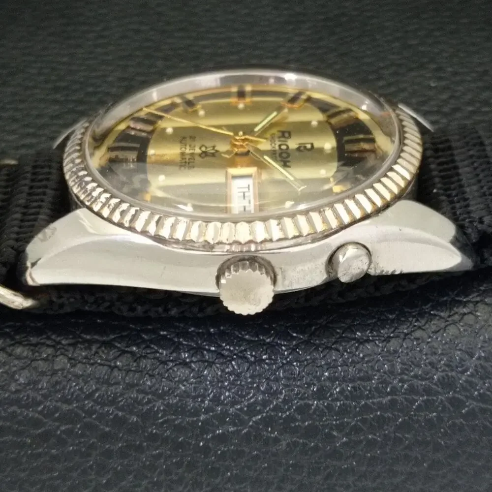 Vintage 1976 Ricoh Automatic Mens Silver Watch W/daydate & Gold accents